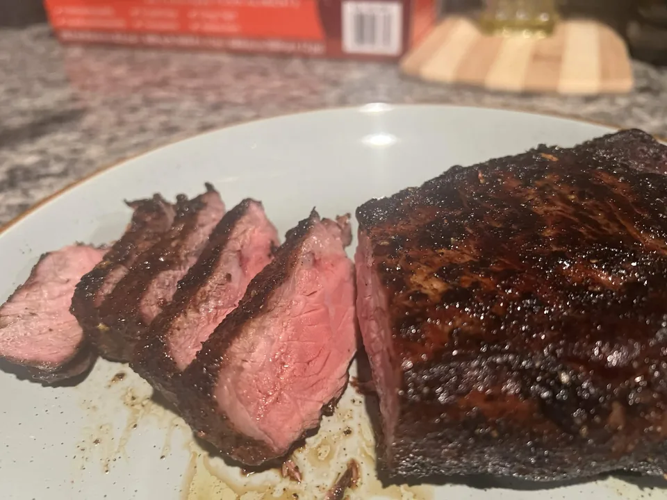 Sliced medium-rare steak