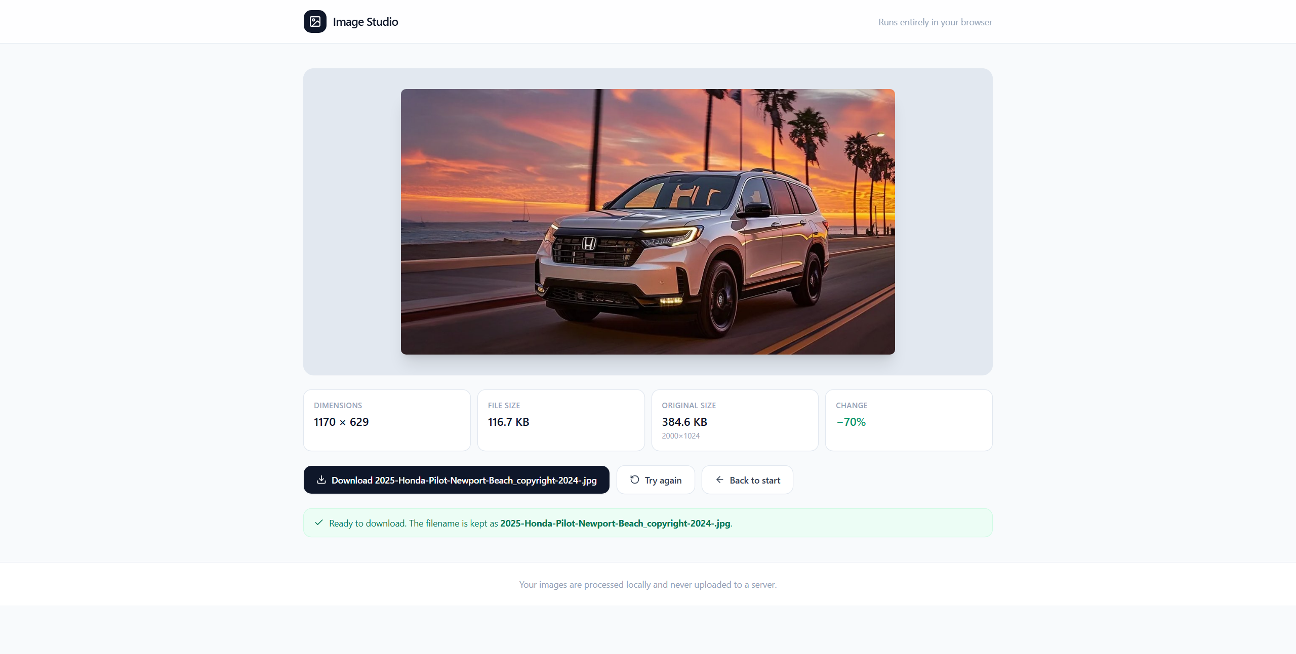 Image Studio optimized image output with dimensions, file size and download action