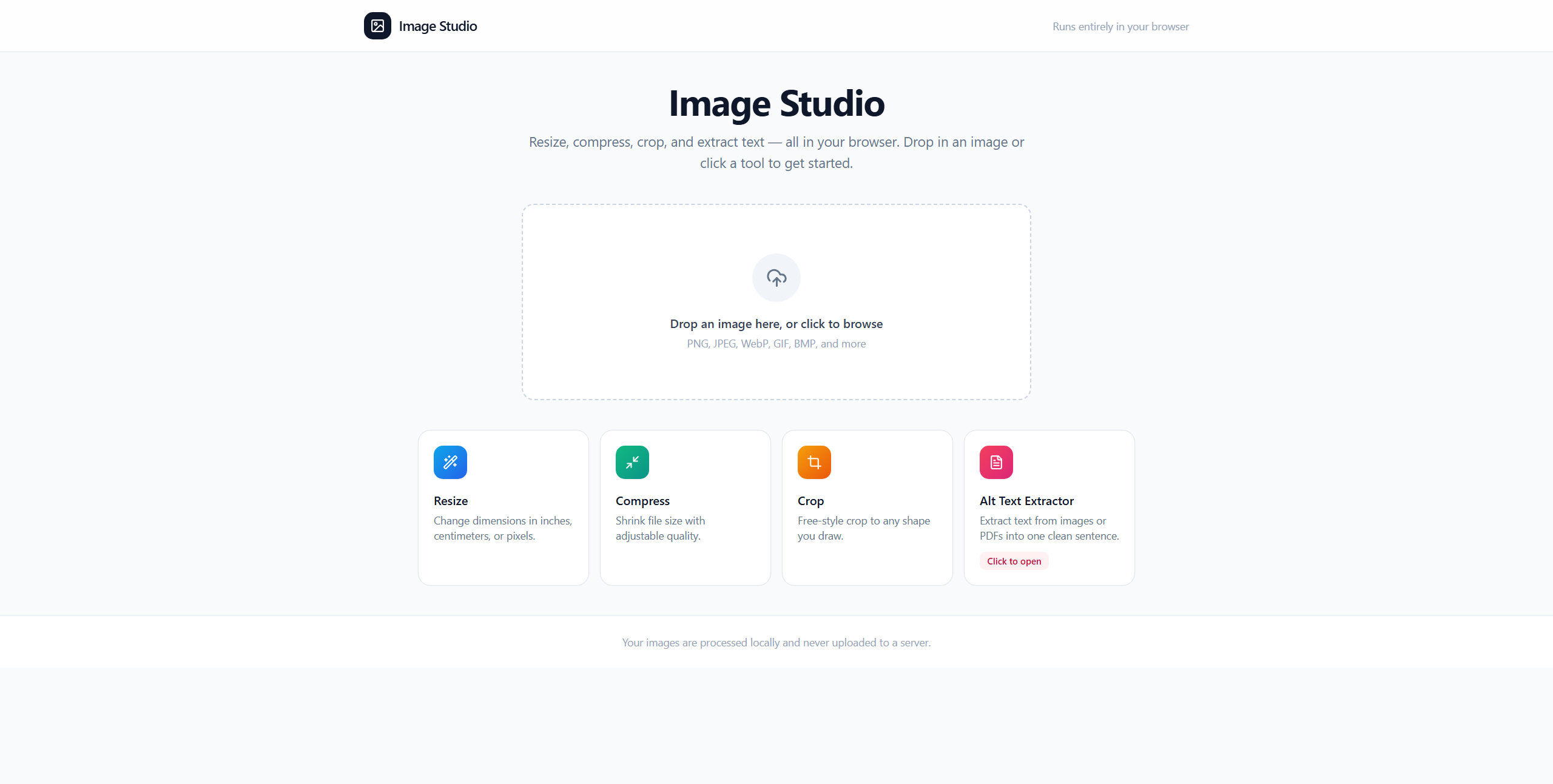 Image Studio home screen with resize, compress, crop and alt-text tools
