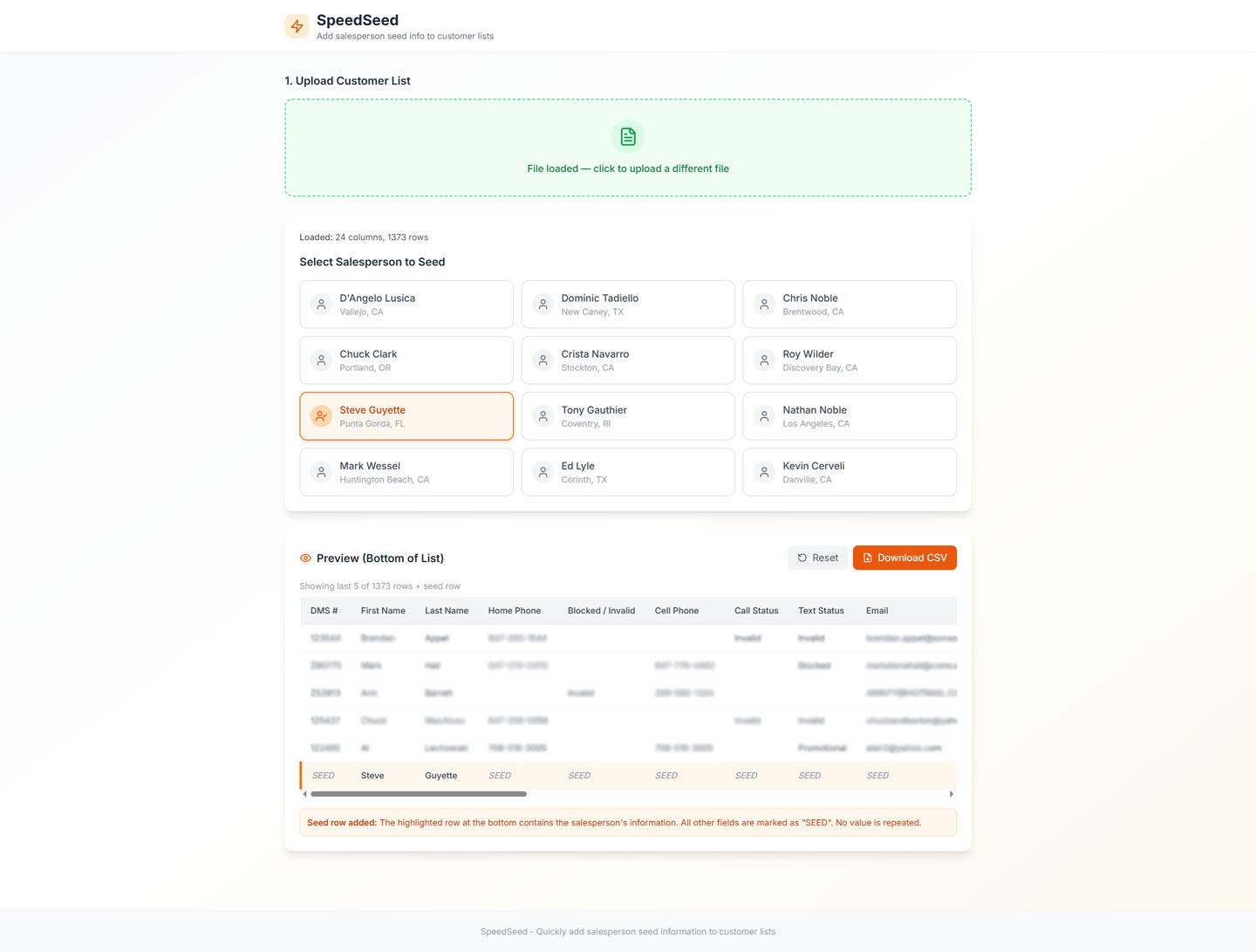 SpeedSeed seeded customer list result