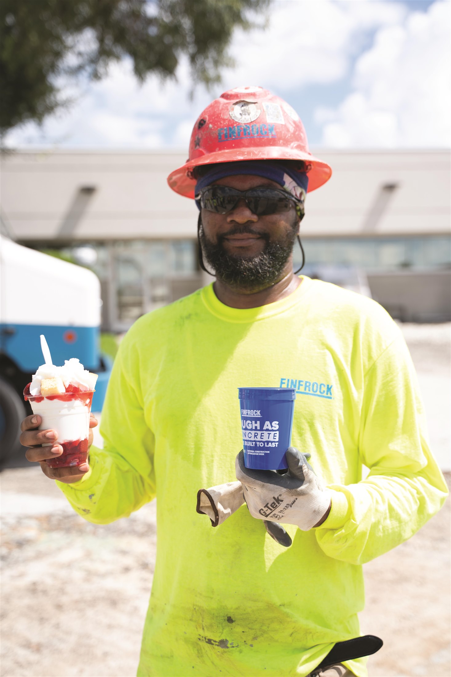 FINFROCK team member using Tough as Concrete appreciation items