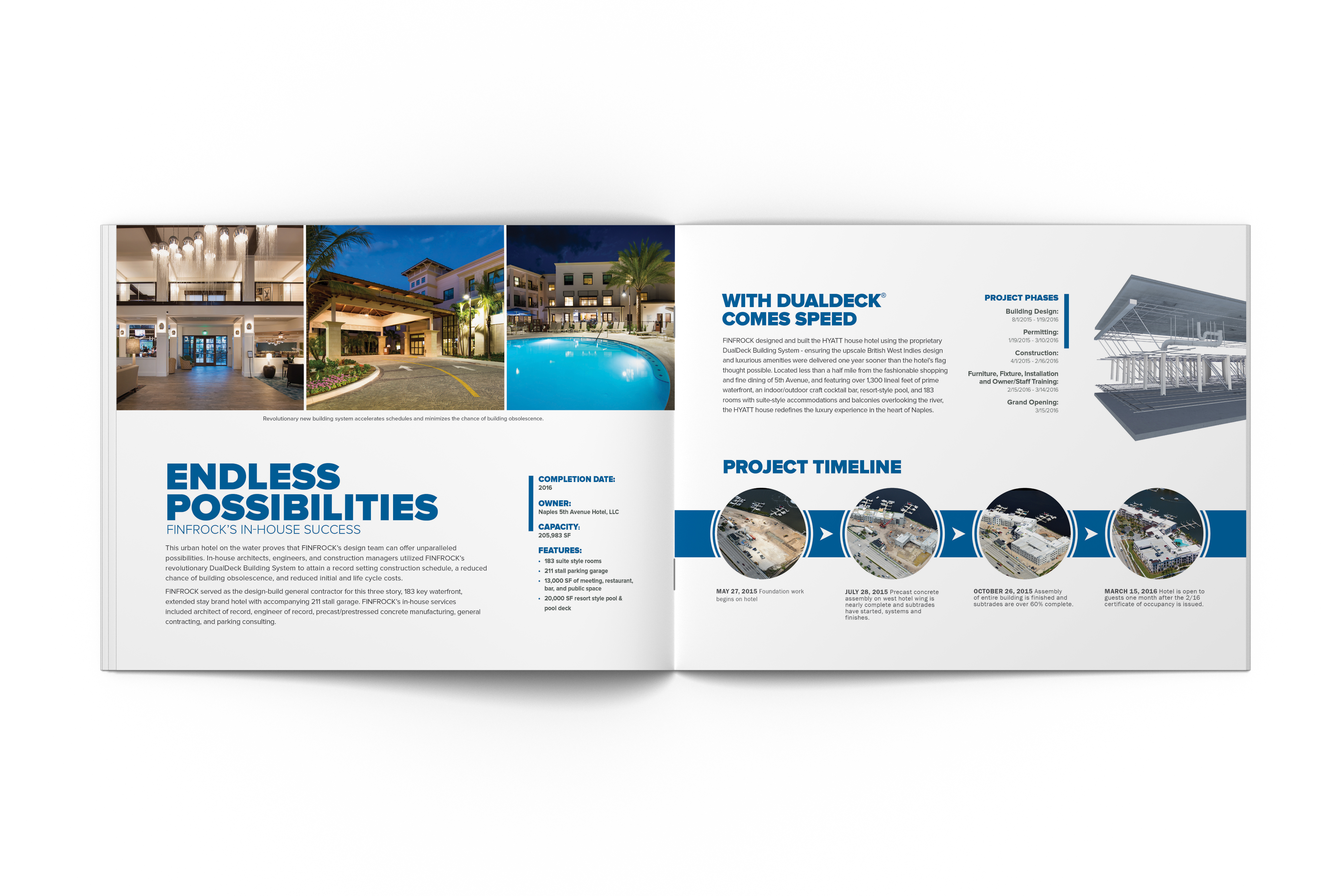 Hyatt House Naples publication spread with cover and exterior photography