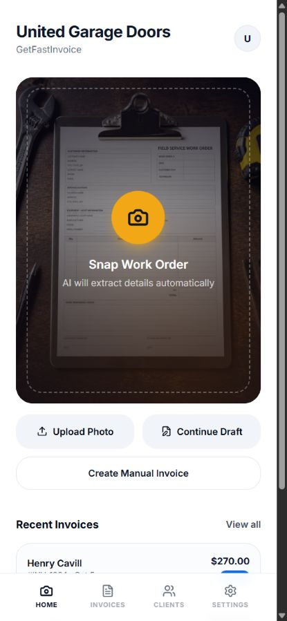 GetFastInvoice home screen with Scan Work Order, Upload Photo, Continue Draft, and Create Manual Invoice actions