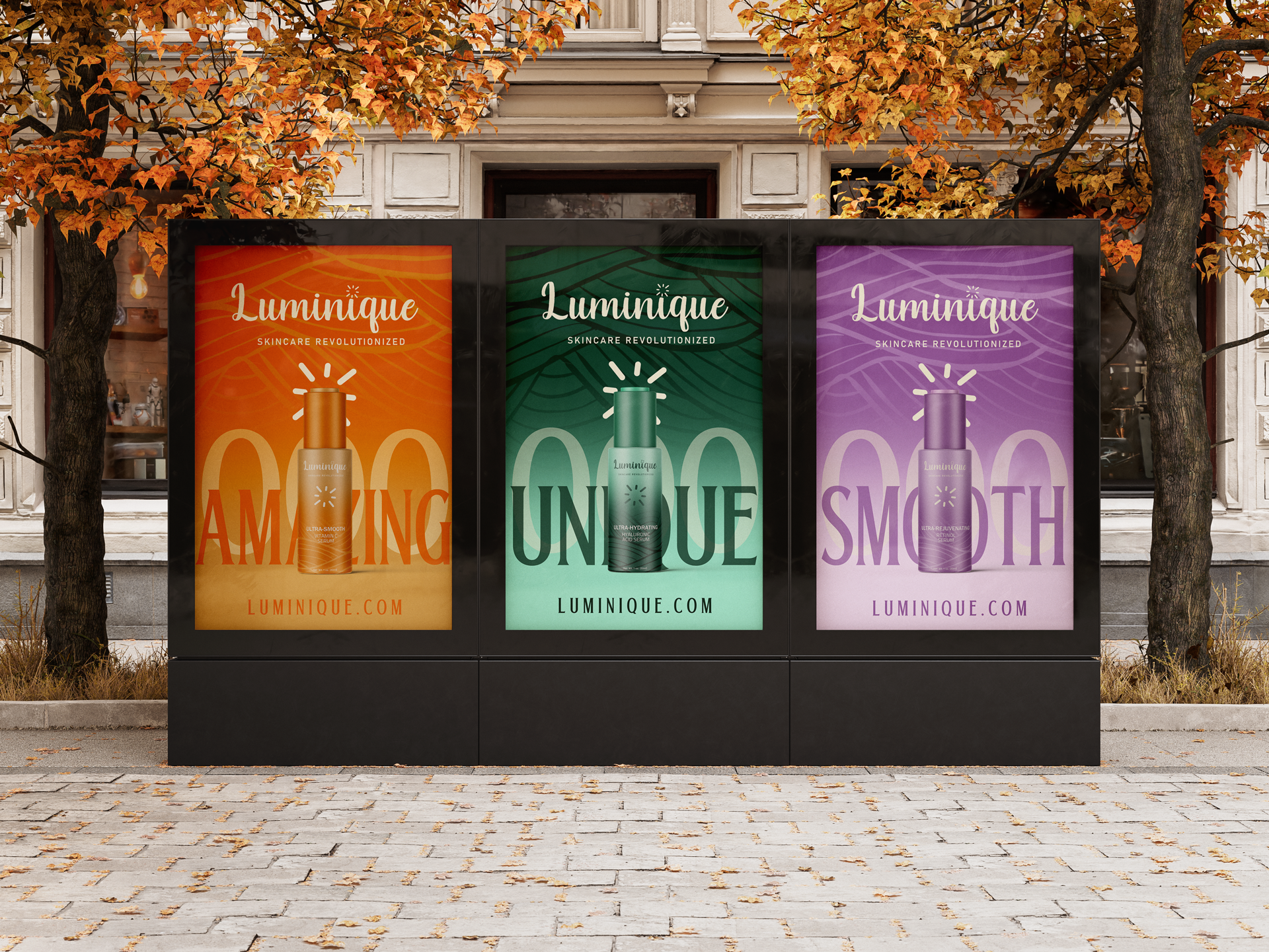 Luminique color-led skincare campaign displayed on three street posters