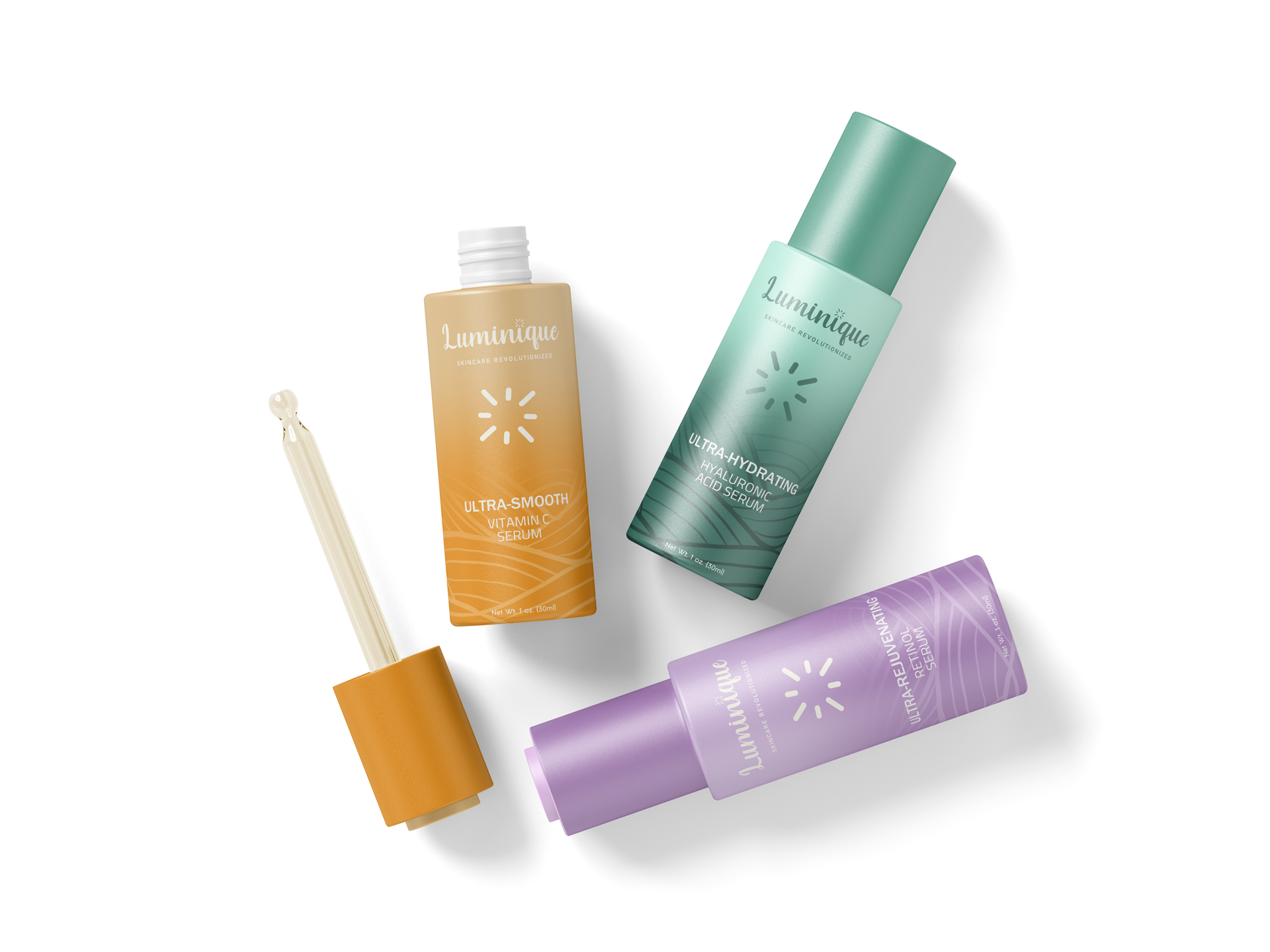 Luminique orange, green and berry serum packaging family