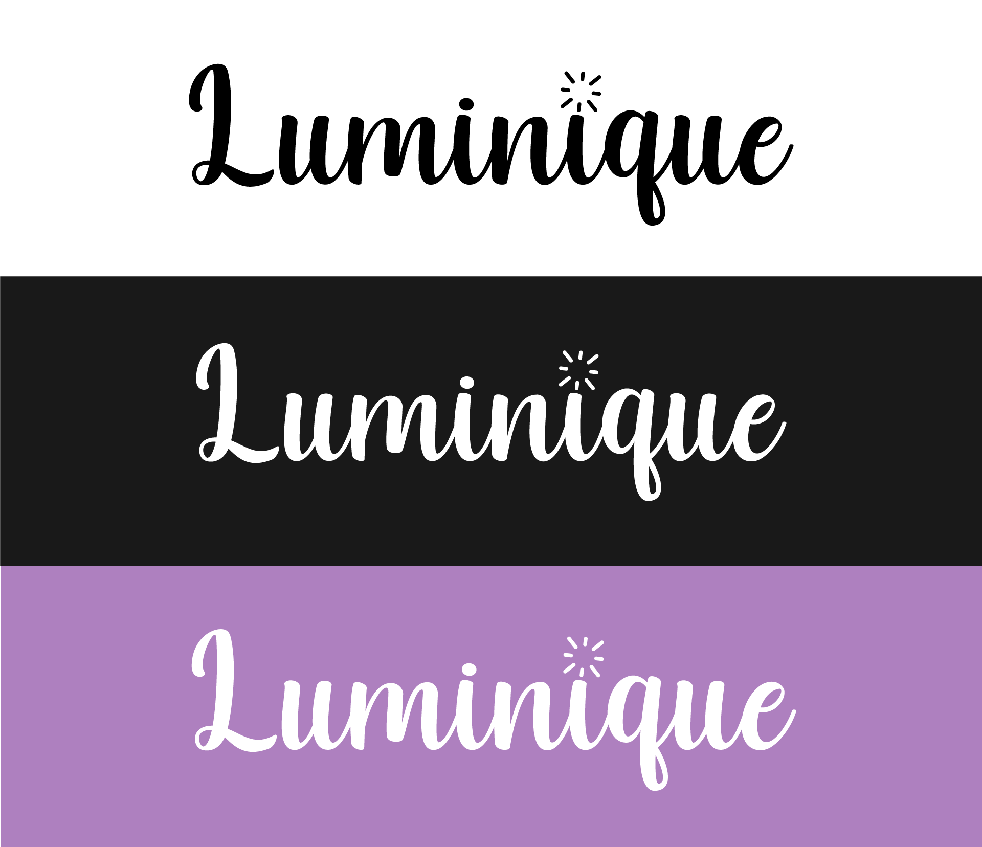 Luminique logo system in black, white and lavender applications