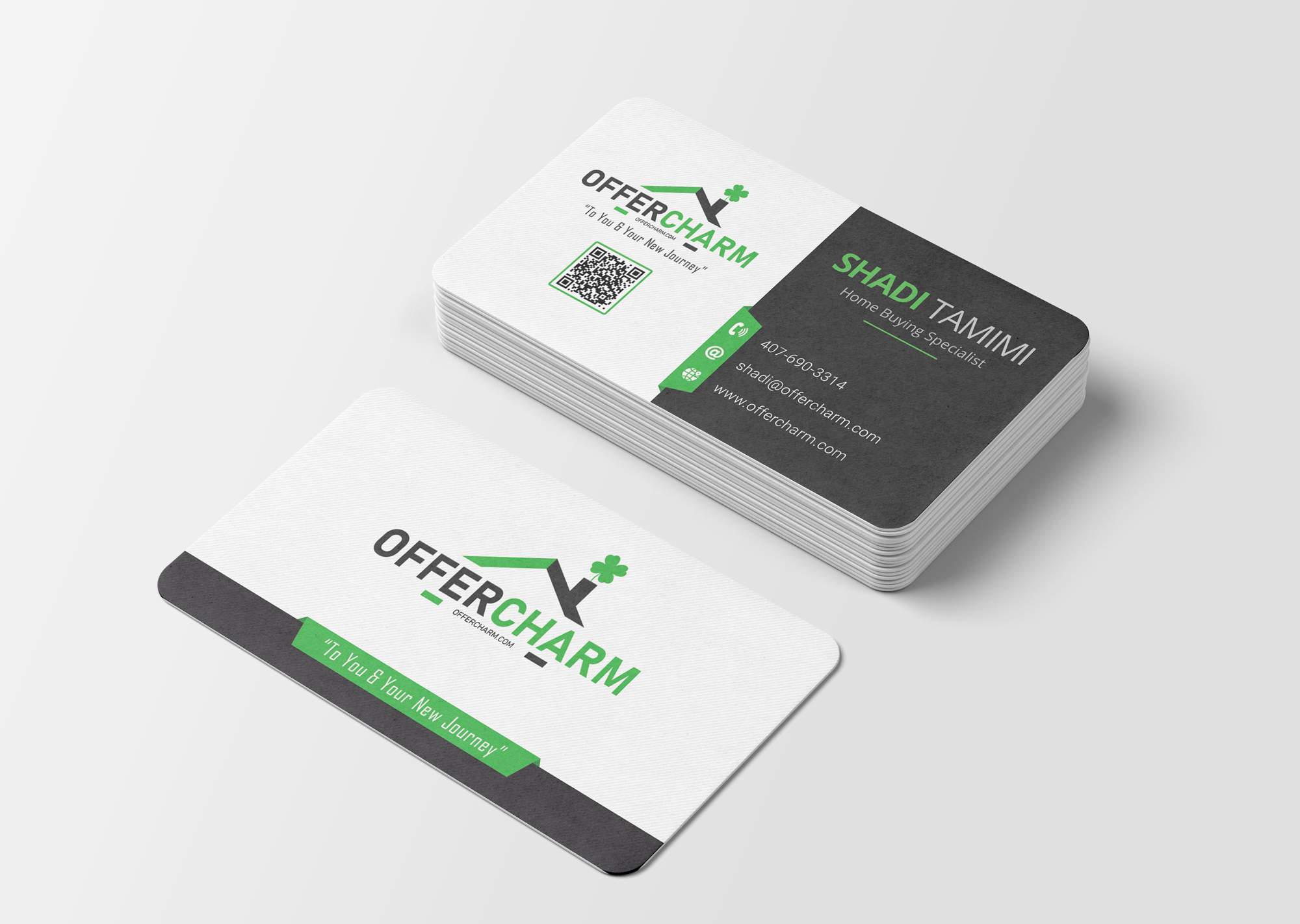 OfferCharm business card system with dark and white card designs for Shadi Tamimi