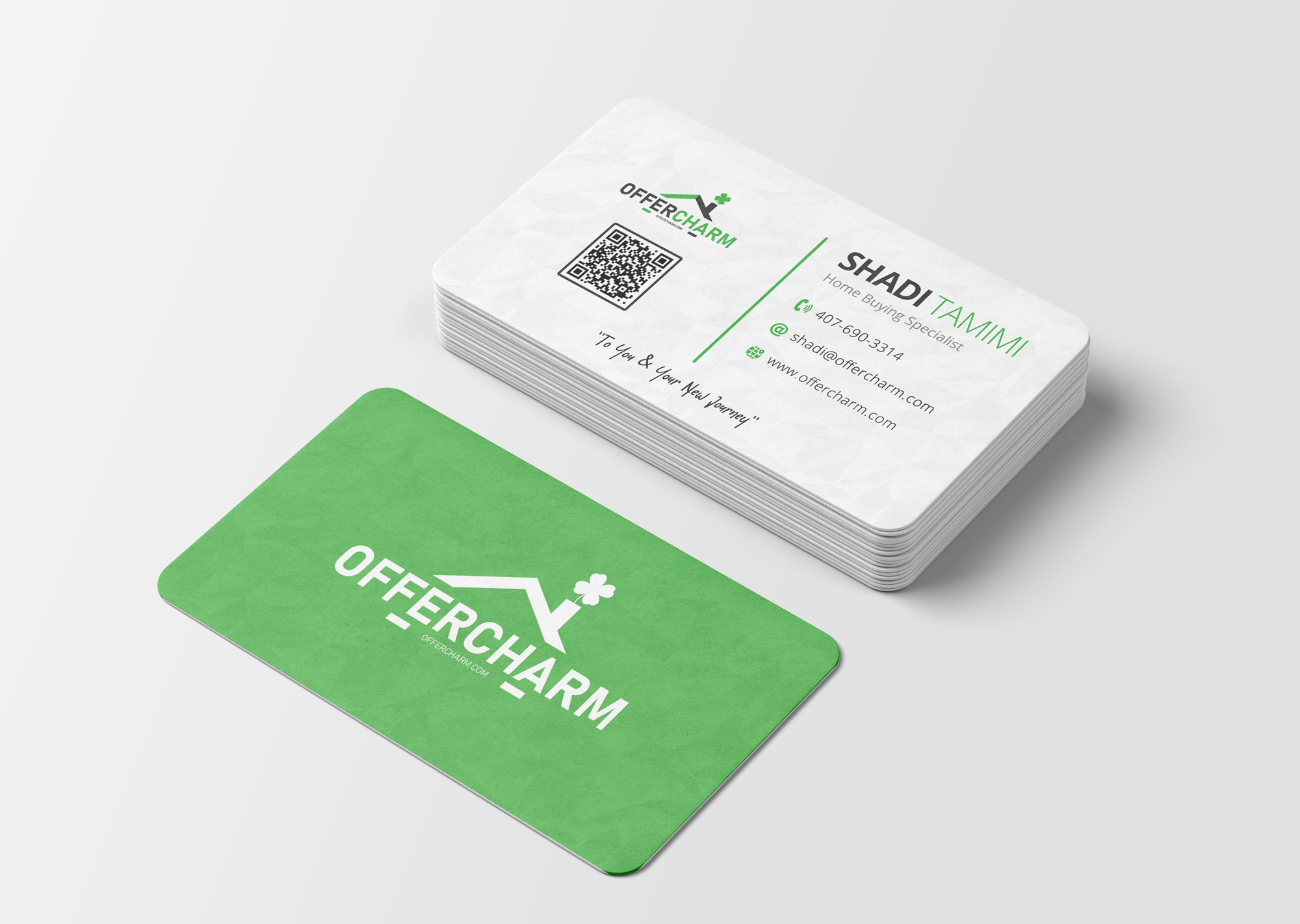 OfferCharm green and white business card system for Shadi Tamimi
